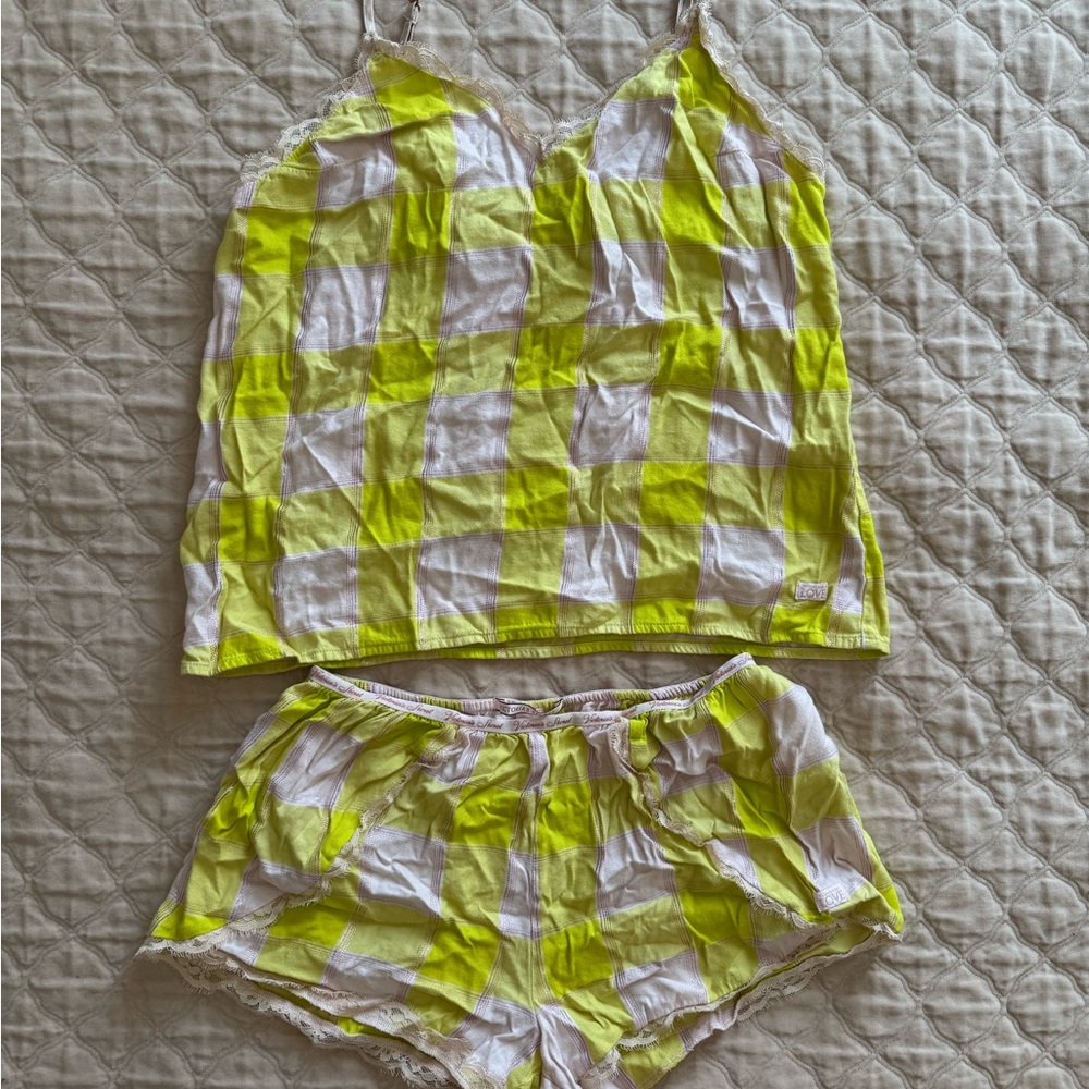 Yellow and Cream Checkered Flannel Women's Sleepwear Set